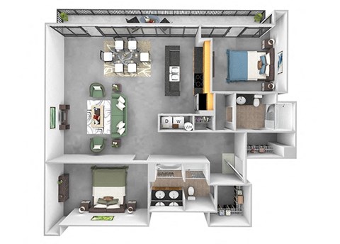 Main 3 Downtown floor plan B6 Tower - 2 bed 2 bath - 3D